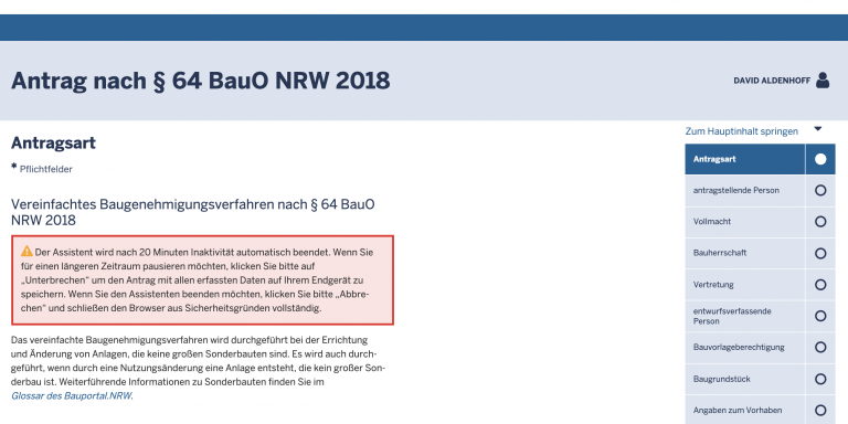 Screenshot Assistent § 64 BauO NRW 2018